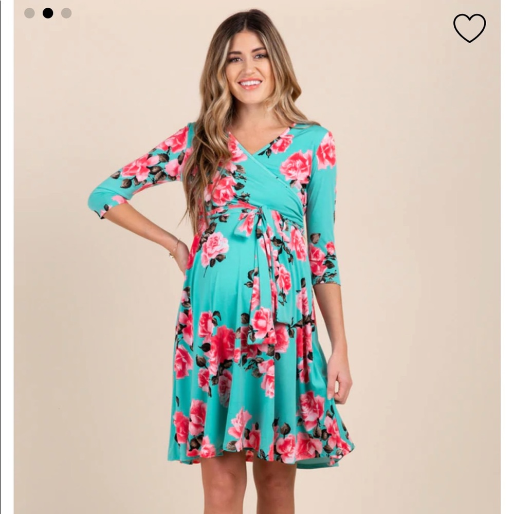 PinkBlush Aqua Floral Sash Tie Maternity Wrap Dress, Size S